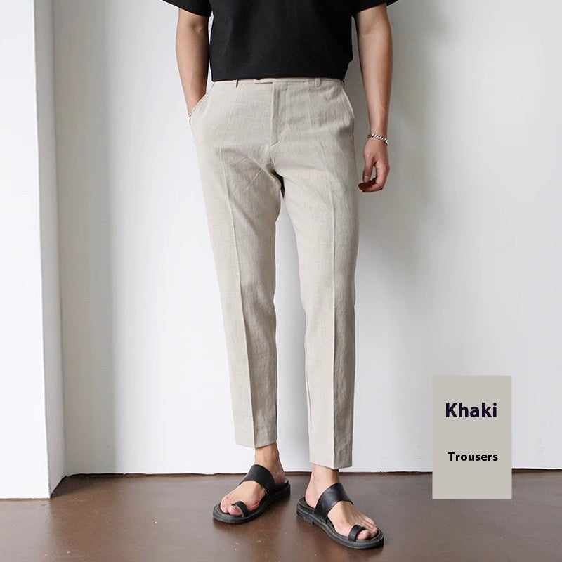 White For Men Cotton Fabric Cropped Linen Trousers Light Khaki Trousers - D&A