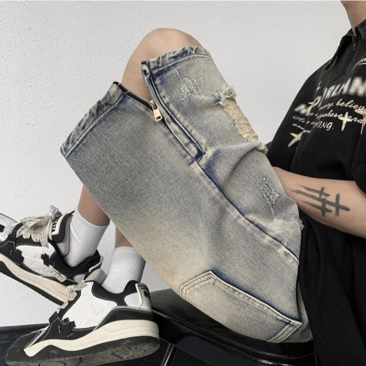 American High Street Retro Tattered Jeans Denim Shorts Wide Leg - D&A
