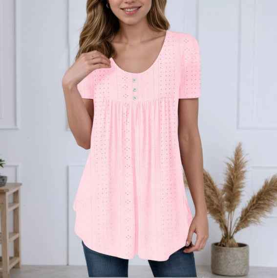 Summer New Round Neck Short Sleeve Top Loose Solid Color Hollow T-shirt