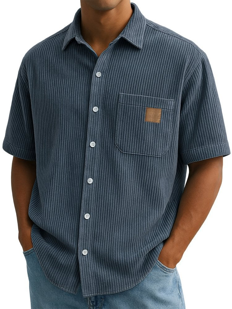Versatile Leisure Corduroy Leather Sticker Pocket Short Sleeve Shirt Navy Blue - D&A