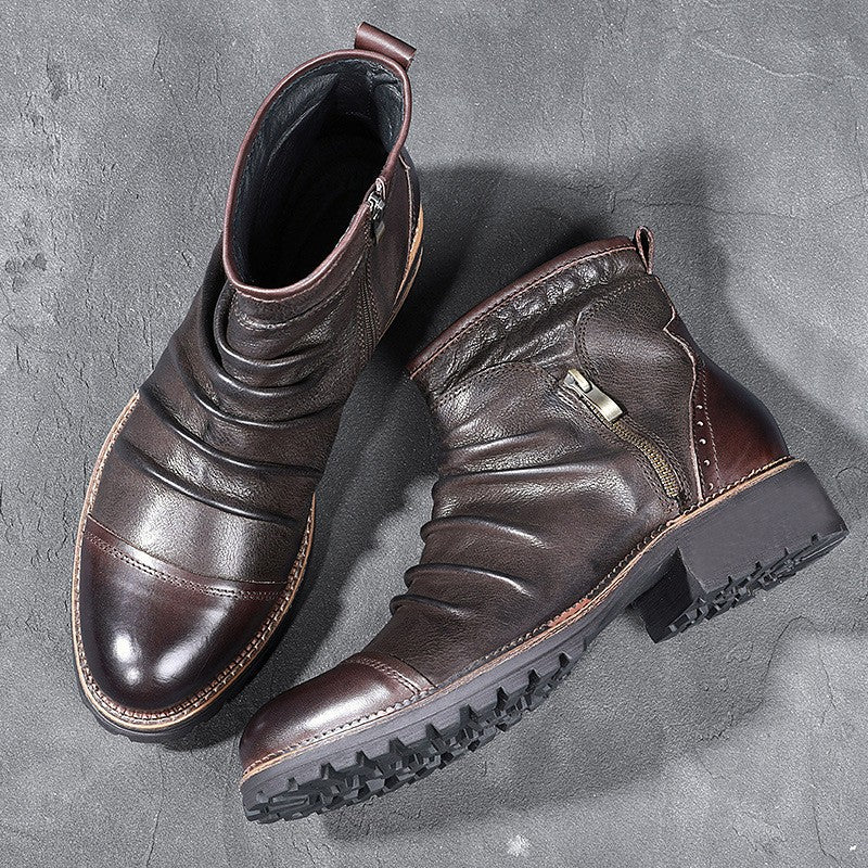 Retro Round Toe PU Leather Side Zipper Martin Chunky Heel Ankle Boots Brown - D&A