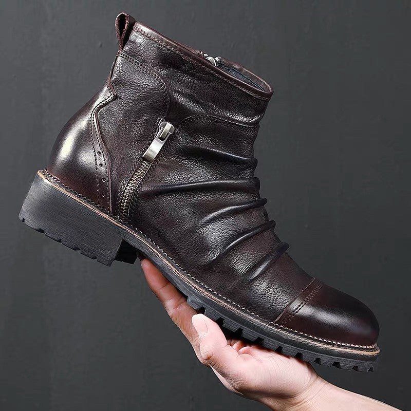 Retro Round Toe PU Leather Side Zipper Martin Chunky Heel Ankle Boots - D&A