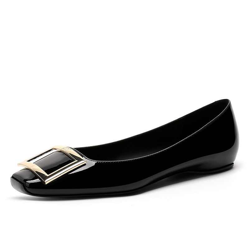 Square Buckle Flats Patent Leather Square Toe Low-cut Shoes - D&A