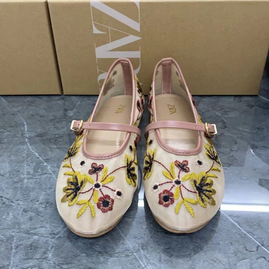 Women's Shoes Green Flower Embroidered Mesh Cloth Ballerina Flats New Guo Feng - D&A