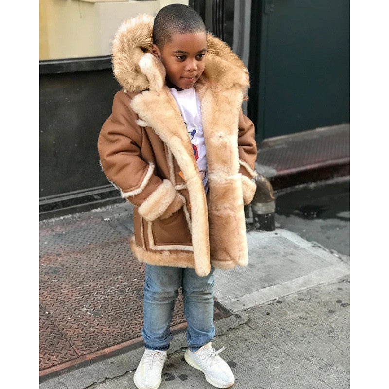 Boys' Warm Fur All-in-one Fashion Hooded Jacket Brown - D&A