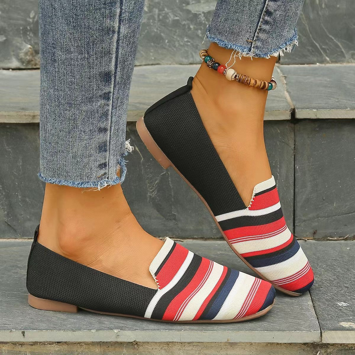 Women's Low-cut Square Toe Flat Bottom Sneaker Stripes - D&A