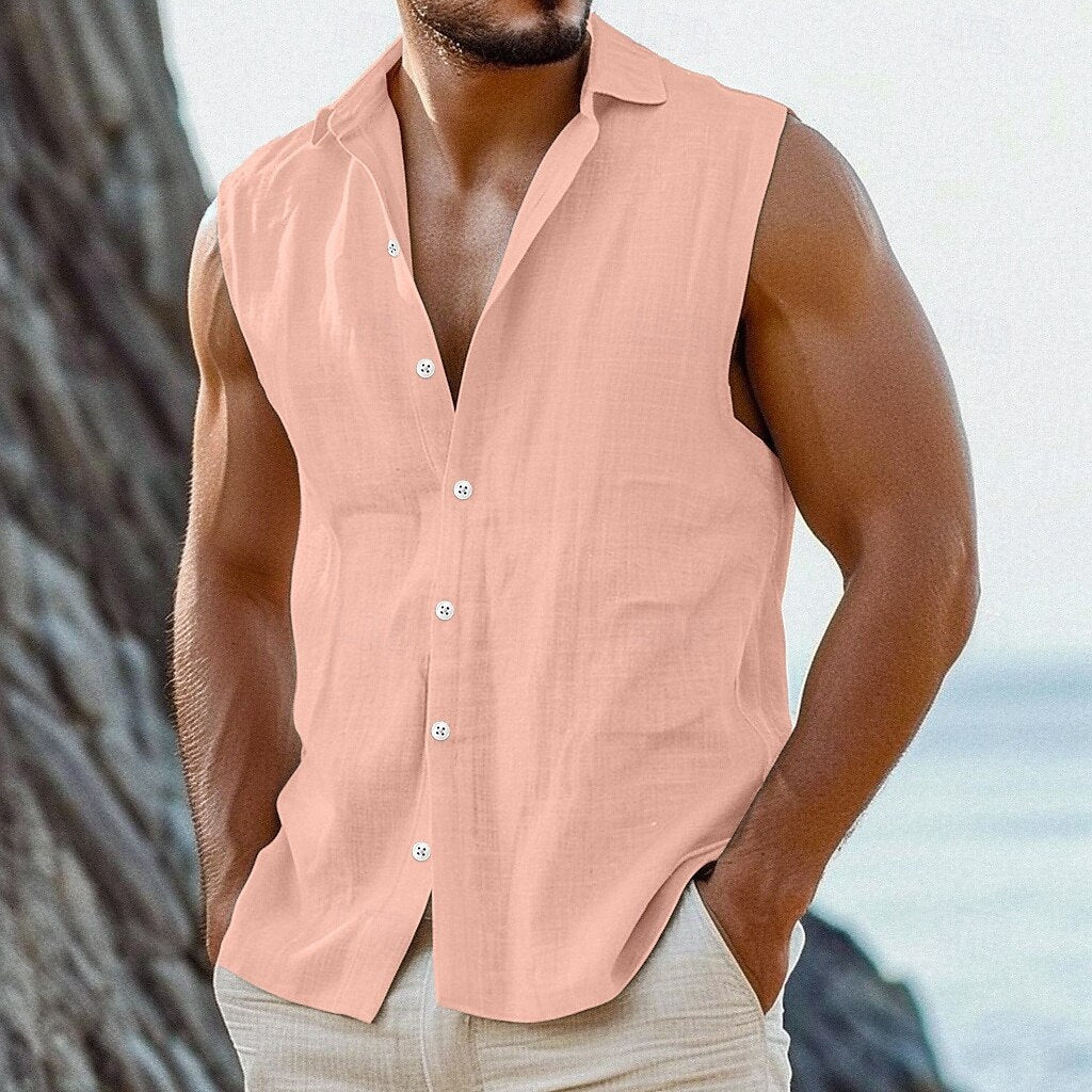 Cotton Linen Lapel Thin Simple Shirt Vest Pink - D&A
