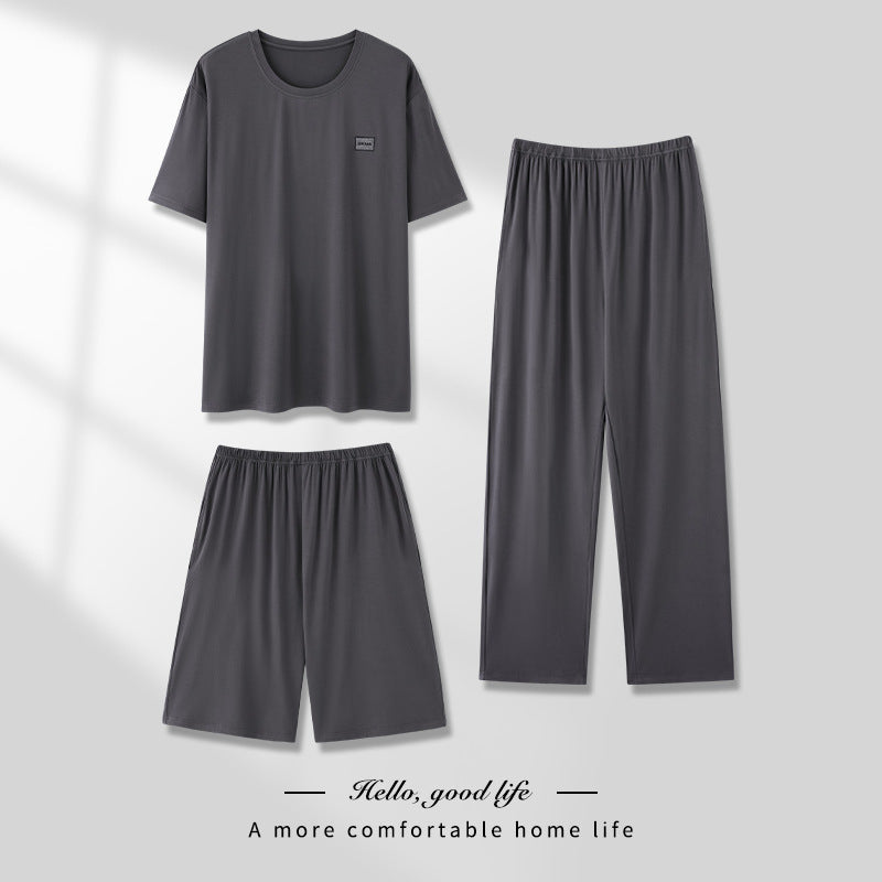 Men's Pajamas Thin Spring And Summer Modal Short-sleeved Trousers Three-piece Home Wear Suit QK1688 - D&A