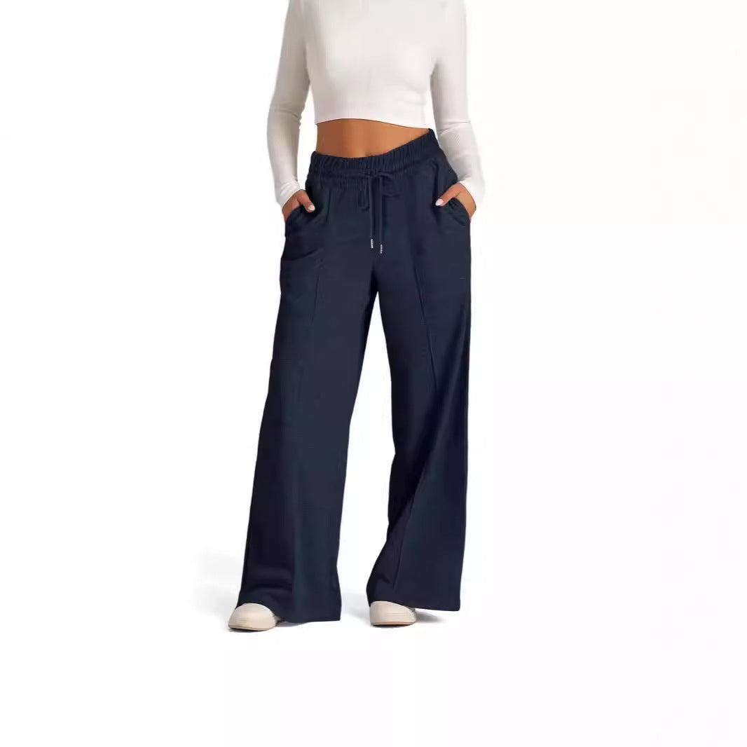 Women's Lace-up Solid Color Waist Tight Fashion Wide-leg Casual Pants - D&A