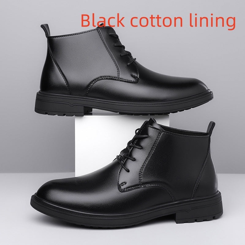 Retro Lace Up Denim Trendy Mid-length Warm Non-slip Men's Martin Boots Black Cotton Lining - D&A