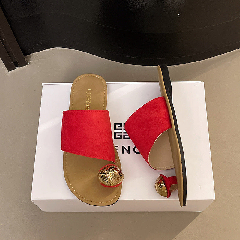 Women's Versatile Flat Bottomed French Toe Flip Flops Red - D&A