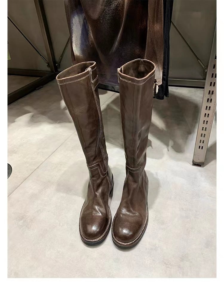 Washed Horse Leather Belt Buckle Thick Bottom Thigh High Boots Women Coffee Color - D&A