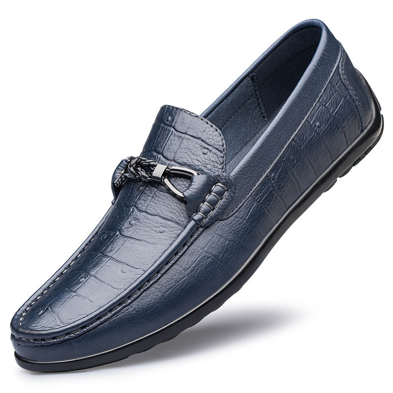Round Toe Embossed Casual Leather Shoes Flat Heel Blue - D&A