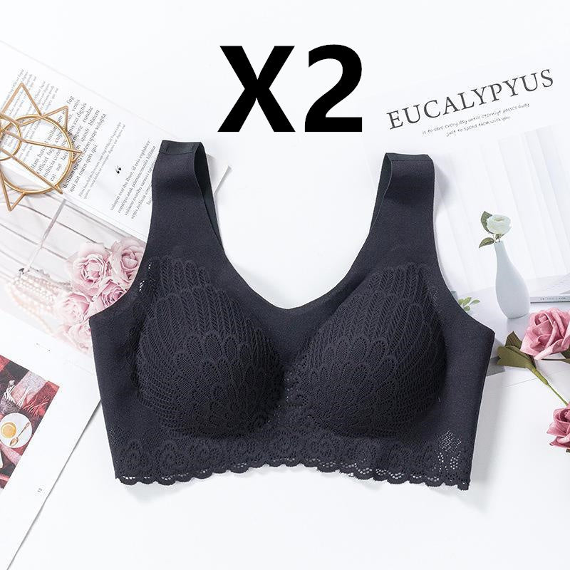 No Steel Ring Bra, Maintenance Latex Lace Bra, Women's Underwear Black 2PCS - D&A