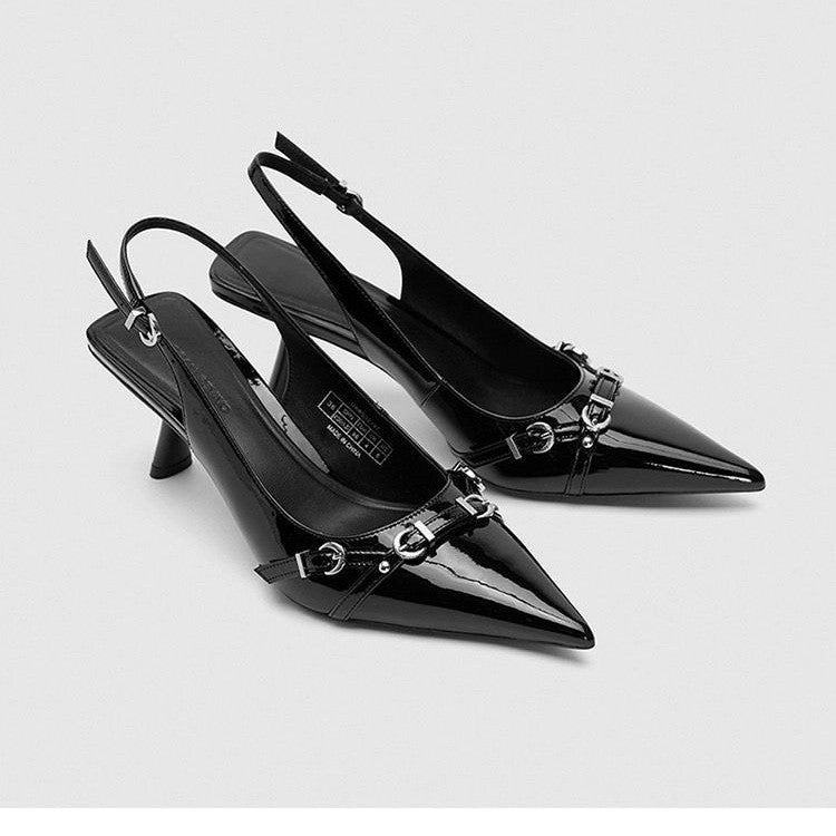 Simple Metal Buckle Pointed Shallow Mouth Stiletto Heel Women's High Heel Pumps Black - D&A