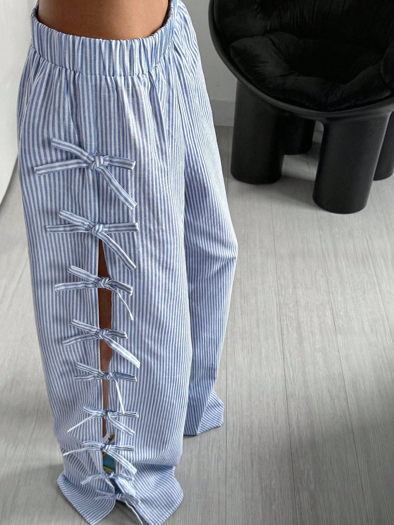 Waist Side Tie Bow Striped Wide Leg Pants - D&A