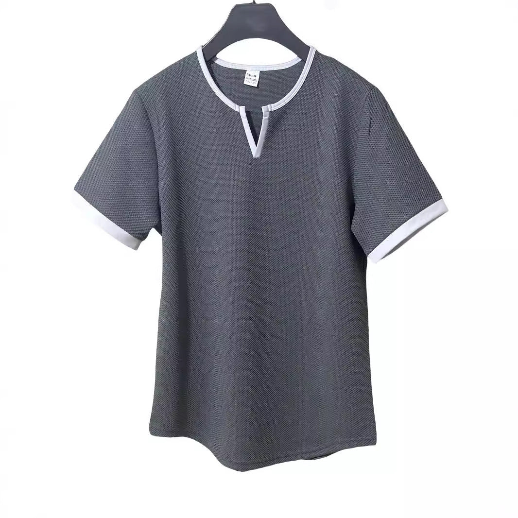 Color-block V Neck Outdoor Sports Waffle T-shirt - D&A