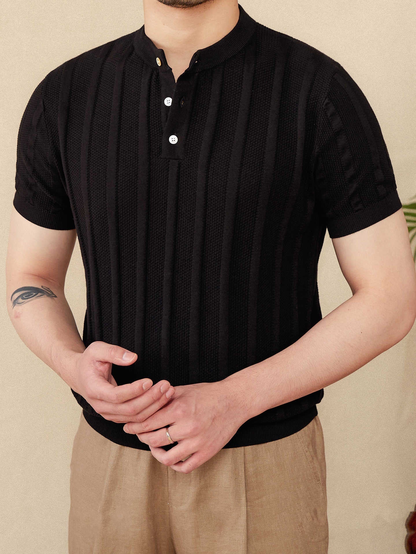 Cotton Sunken Stripe Henry Collar Casual Men's Knitted Short-sleeved T-shirt - D&A
