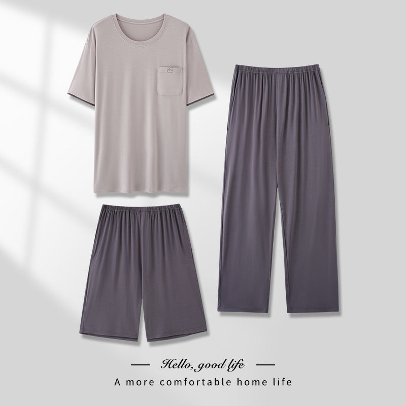 Men's Pajamas Thin Spring And Summer Modal Short-sleeved Trousers Three-piece Home Wear Suit QK1685 - D&A
