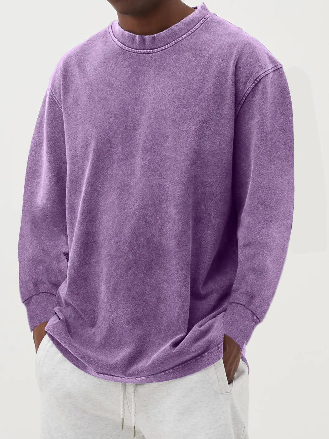Washed Old Solid Color Men's Long-sleeved T-shirt Purple - D&A