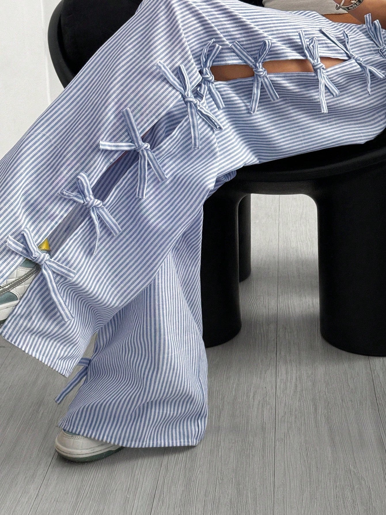 Waist Side Tie Bow Striped Wide Leg Pants - D&A