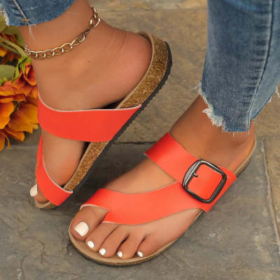 Thick Bottom Belt Buckle Solid Color Round Toe Sandals Orange - D&A