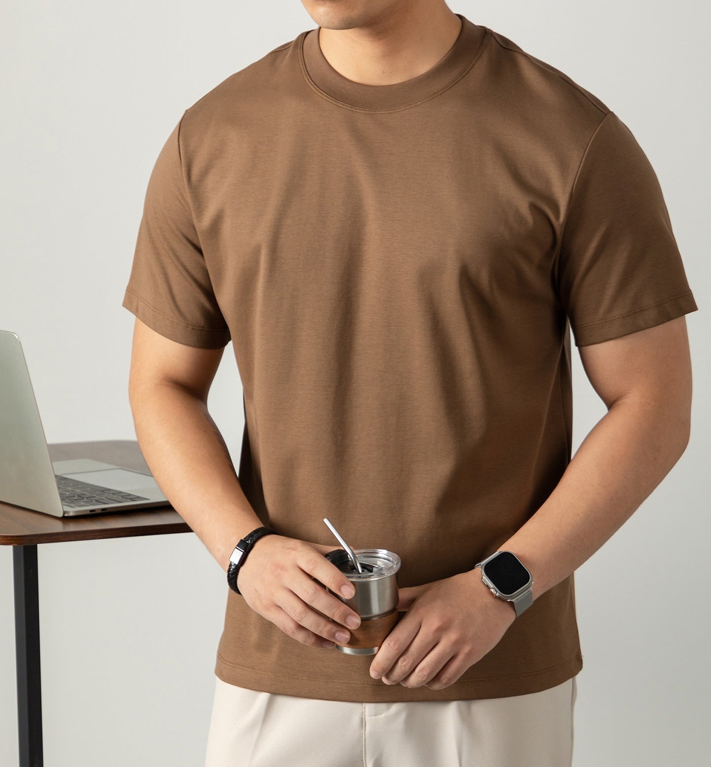 Cold Liquid Ammonia Mercerized Cotton Short-sleeved T-shirt For Men Mocha Color - D&A