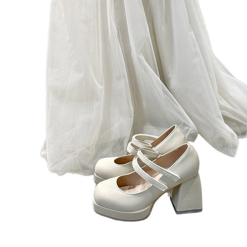 White Mary Jane Chunky Heel Wedding Shoes - D&A