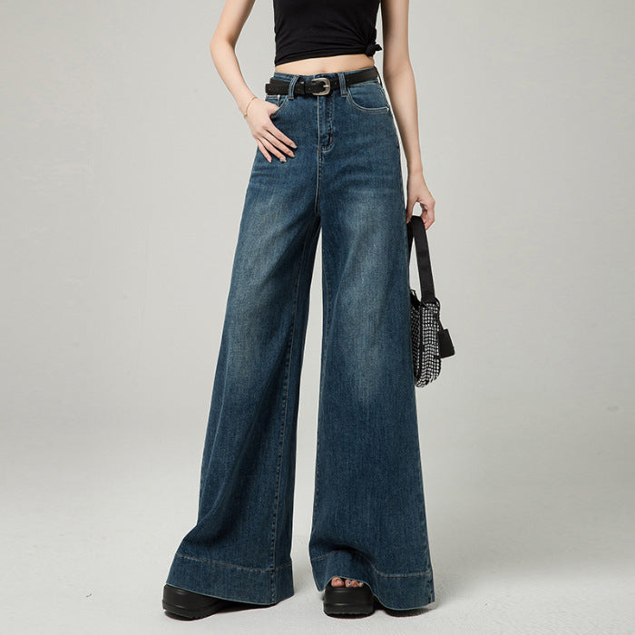 Dark Blue Narrow Version Korean Simple High Waist Loose Small Mop Wide Leg Pants Retro Blue - D&A