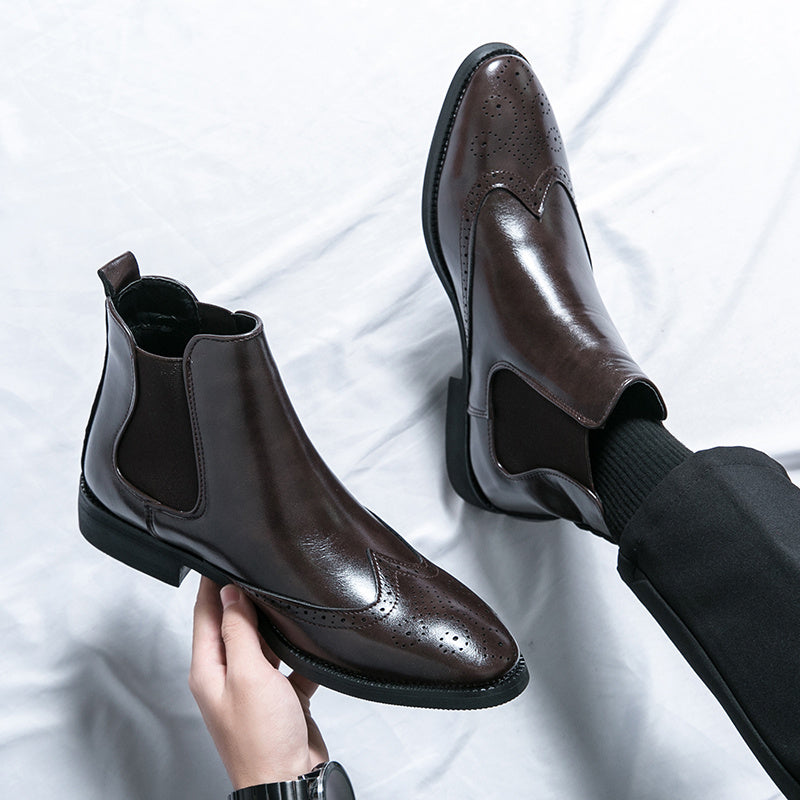 High-top Leather Shoes Men's Pointed Chelsea Booties 9713 Brown - D&A