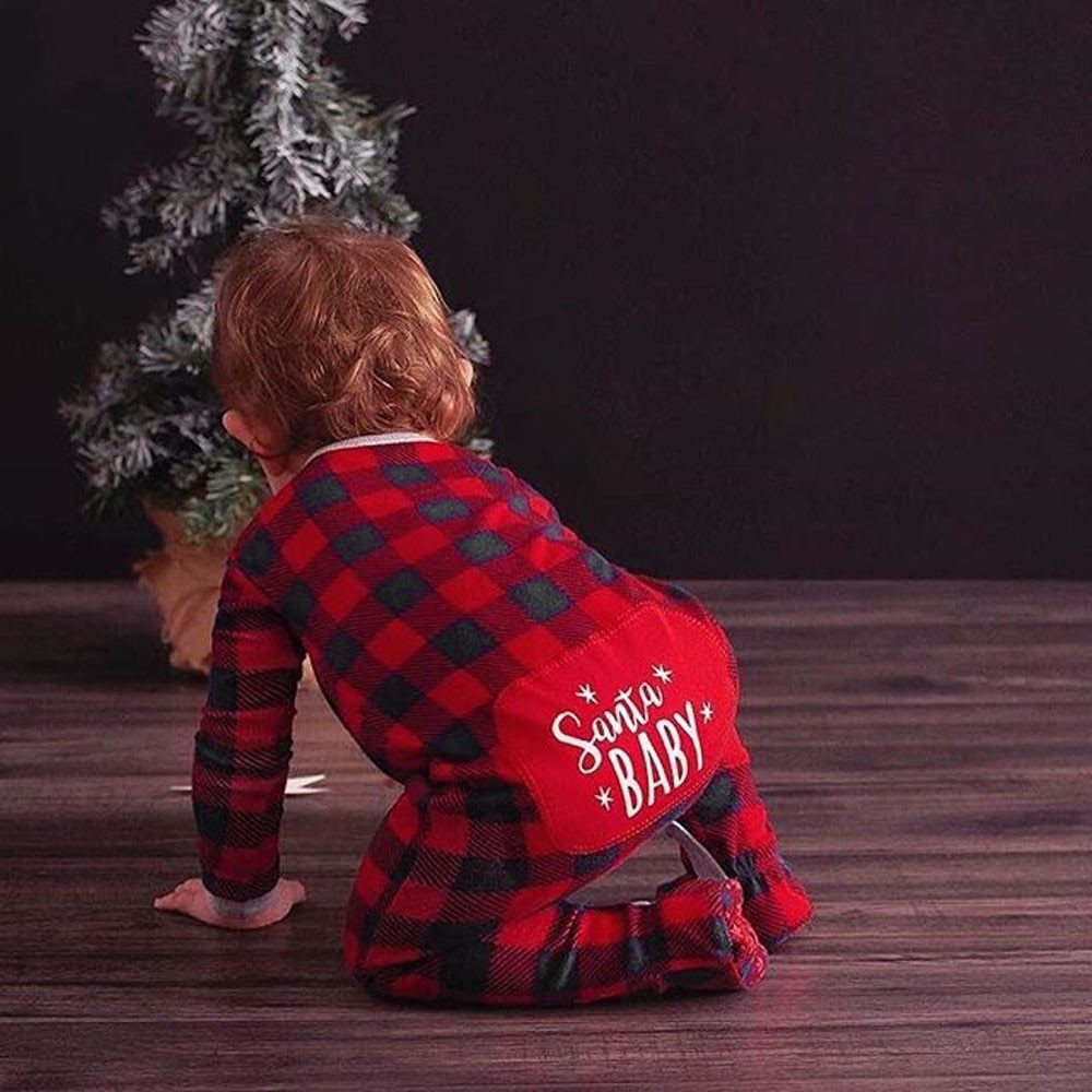 Infant Baby Boys Girls Christmas Santa XMAS Letter Plaid Romper Jumpsuit Outfits baby clothes winter clothe - D&A