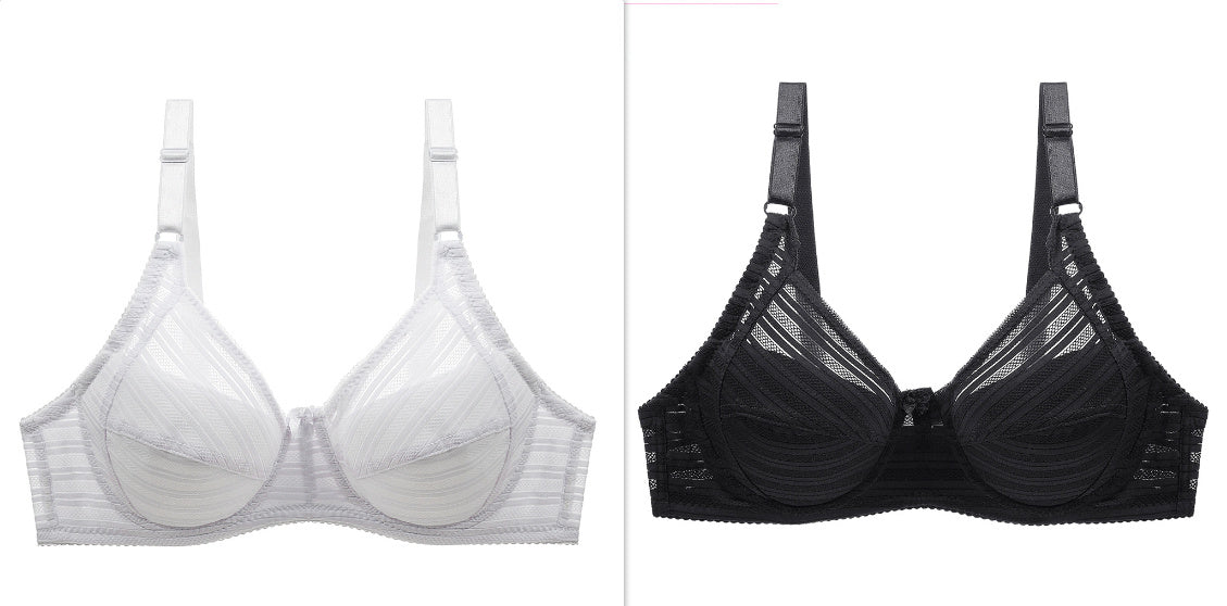 Striped Plus Size Bra Push Up Thin Breathable Bra Black White - D&A