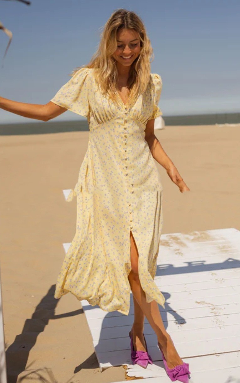 Women's Clothing French Style Temperament Printed Waist-controlled V-neck Casual Dress Yellow - D&A