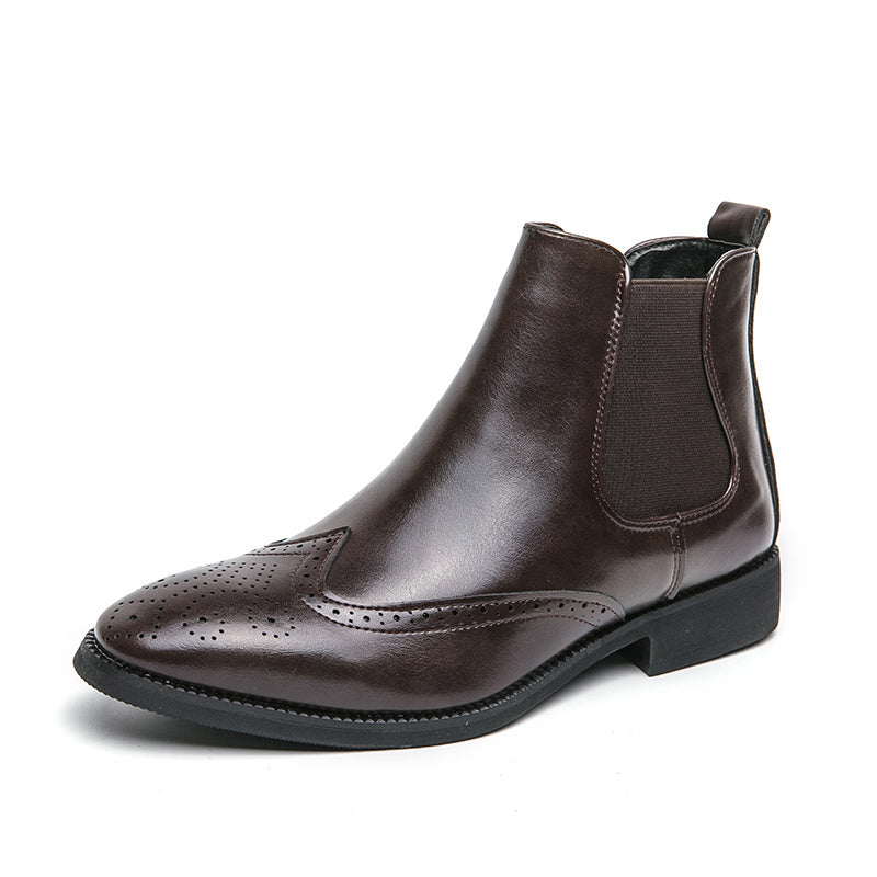 High-top Leather Shoes Men's Pointed Chelsea Booties Brown Height Increasing Insole - D&A
