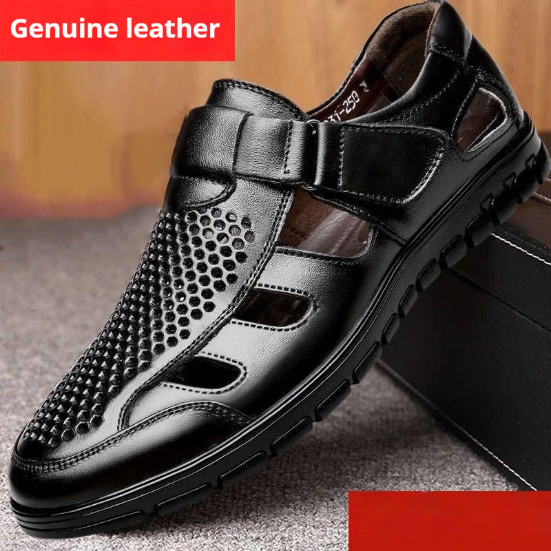 Men's Business Casual Hollow Work With Holes Leather Sandals 1666 Black - D&A