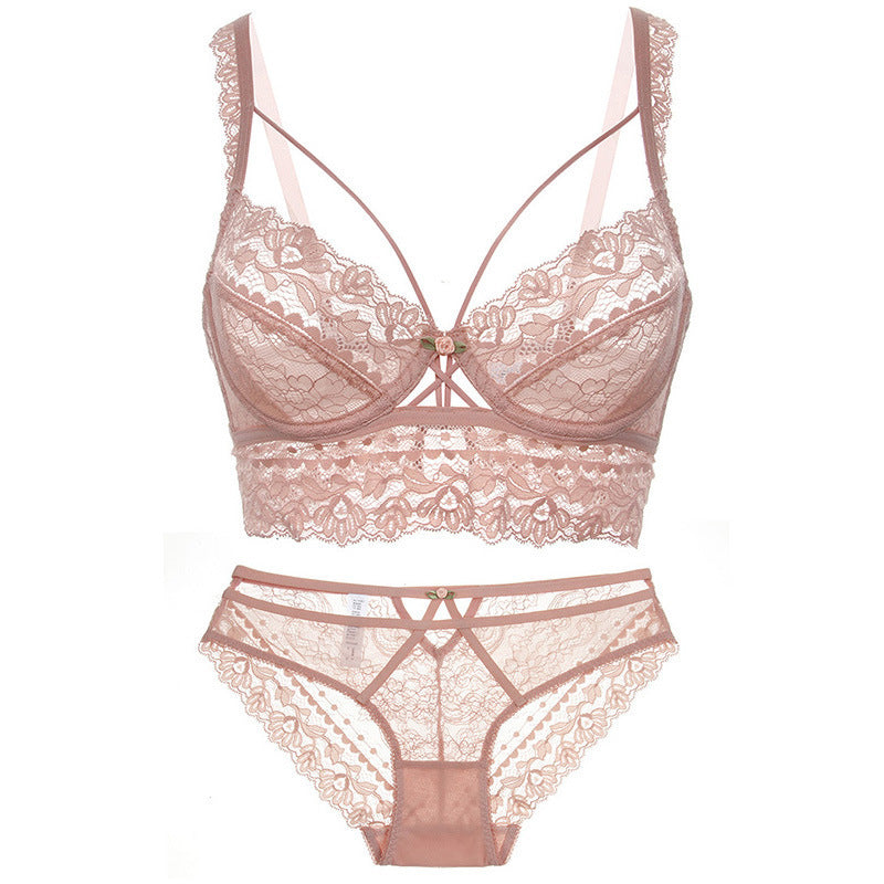 Ultra-thin Transparent Bra Sexy Lace Ladies Underwear Bra Set Pink - D&A