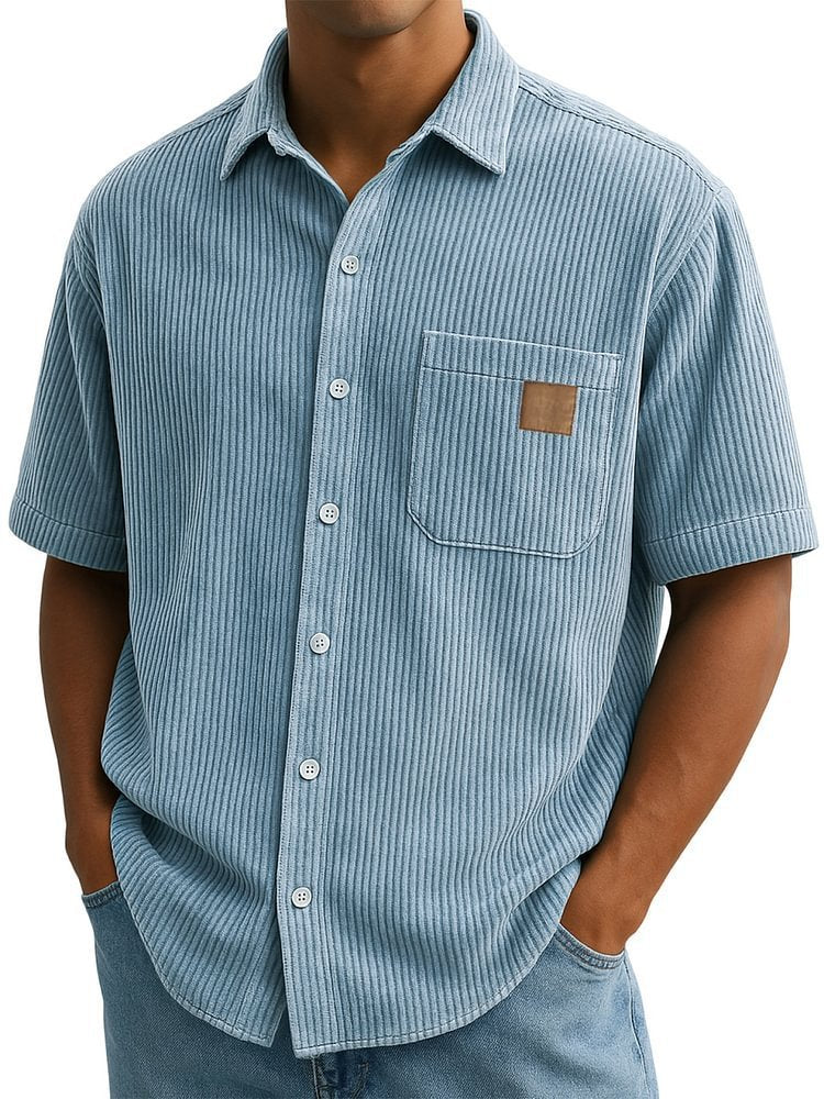 Versatile Leisure Corduroy Leather Sticker Pocket Short Sleeve Shirt Blue - D&A