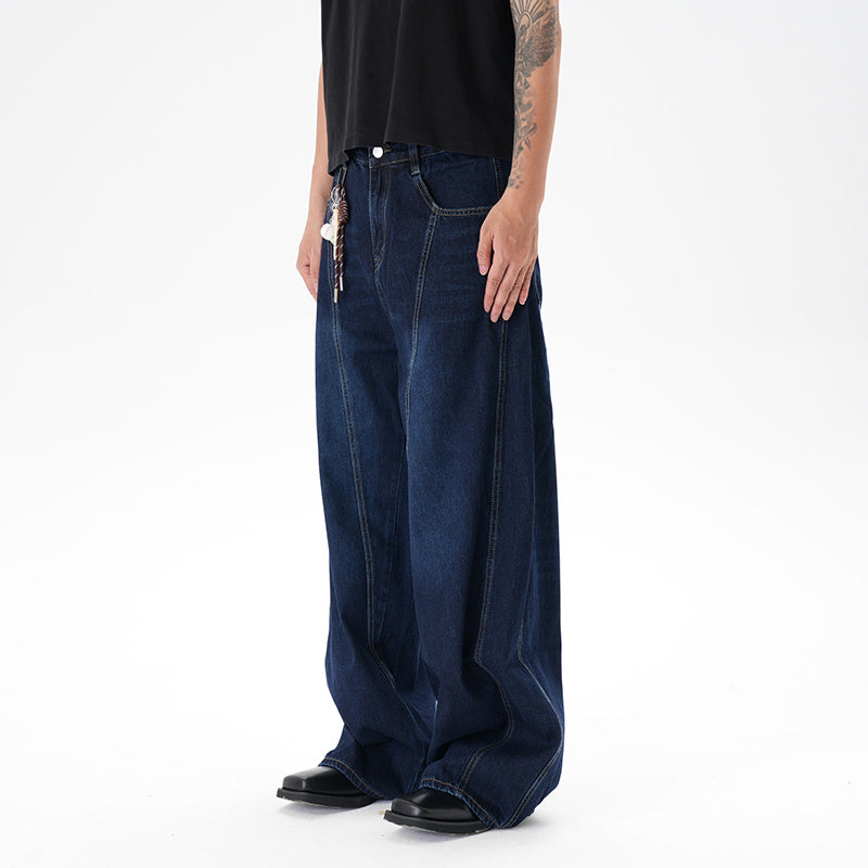 Washed Distressed Dark Blue Wide Leg Machete Jeans Blue - D&A