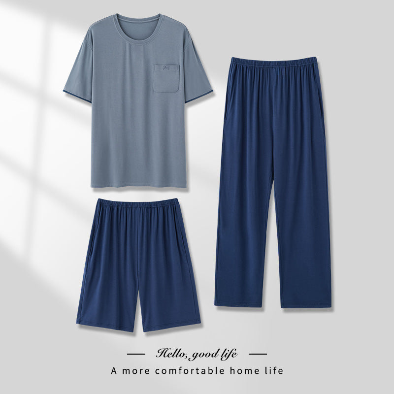 Men's Pajamas Thin Spring And Summer Modal Short-sleeved Trousers Three-piece Home Wear Suit QK1682 - D&A
