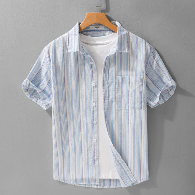 Summer Menswear Striped Minimalist Short Sleeve Shirt Light Blue Stripe - D&A