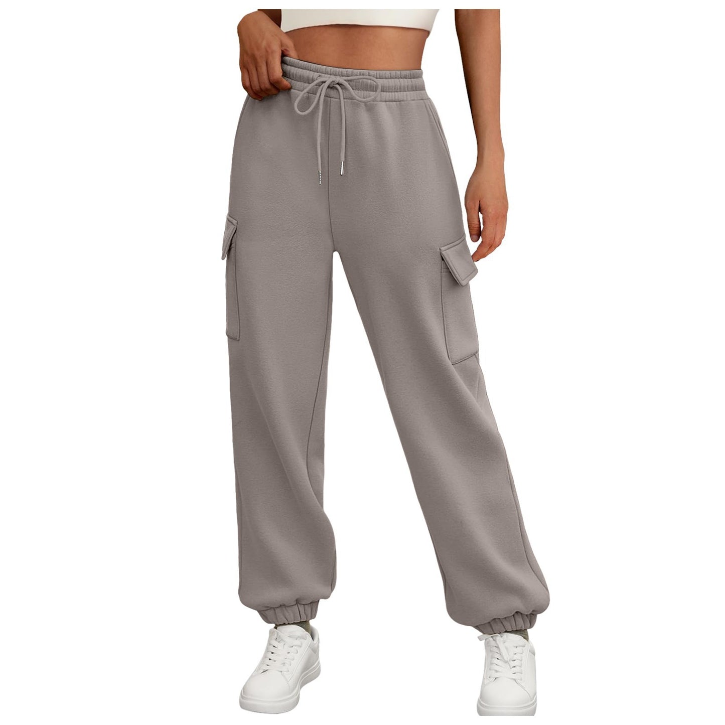 Casual Side Pocket Elastic Waist Solid Color Straight-leg Pants Light Brown - D&A