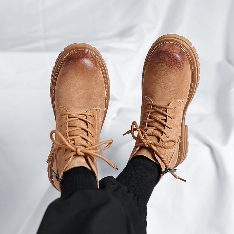 High-top Leather Shoes Leather Zipper Short Boots - D&A