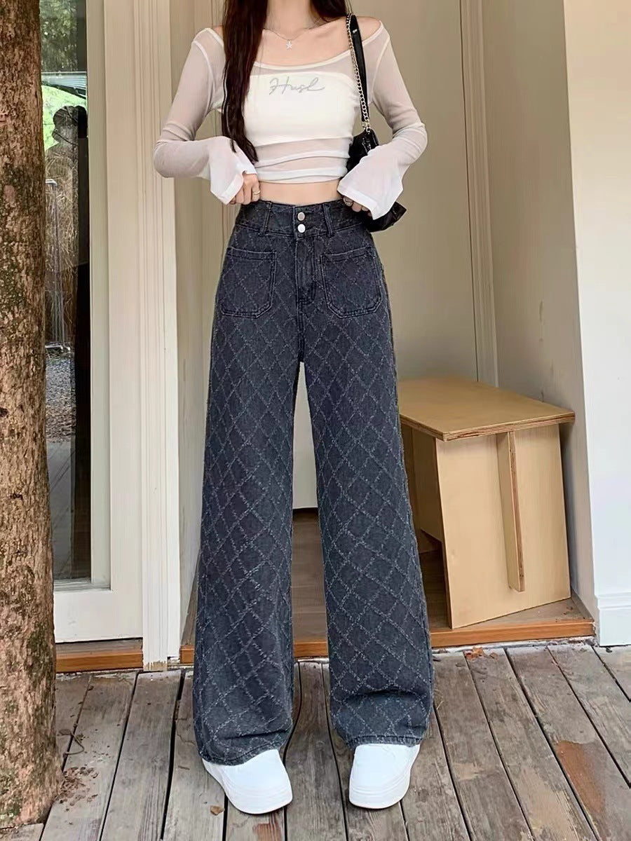 Summer Ladies New Loose Drooping Slimming Jacquard Design Straight-leg Denim Trousers Black - D&A