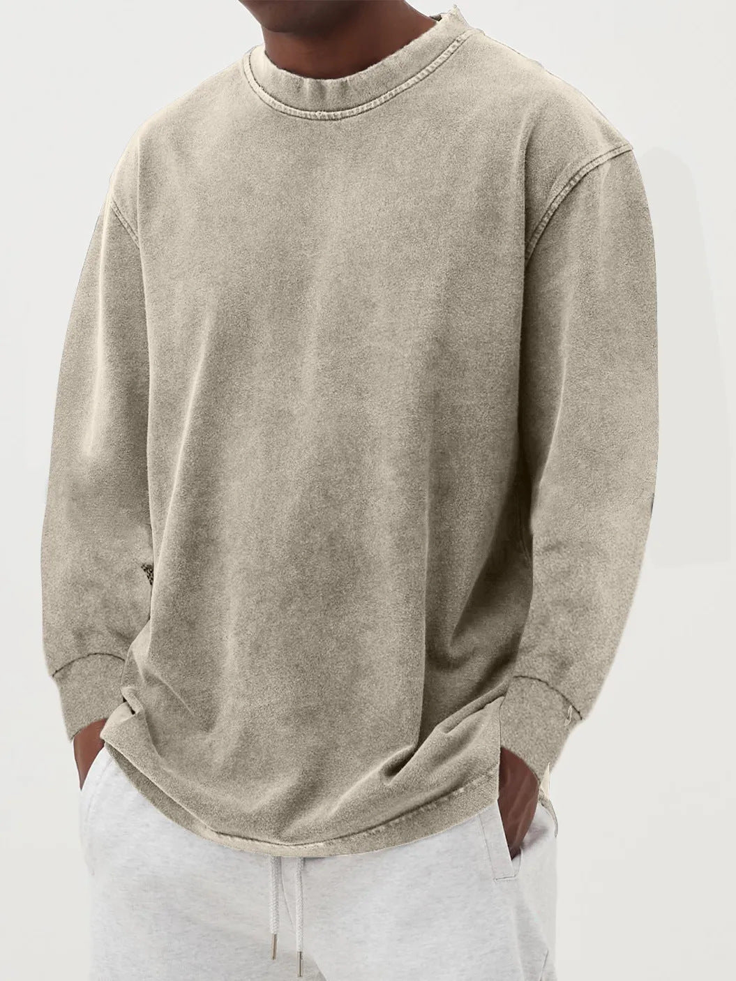 Washed Old Solid Color Men's Long-sleeved T-shirt Khaki - D&A