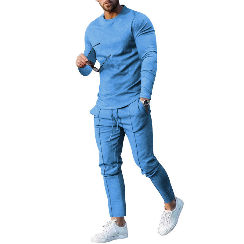 Spring Round Neck Long Sleeve T-shirt Trousers Solid Color Men's Two-piece Suit - D&A