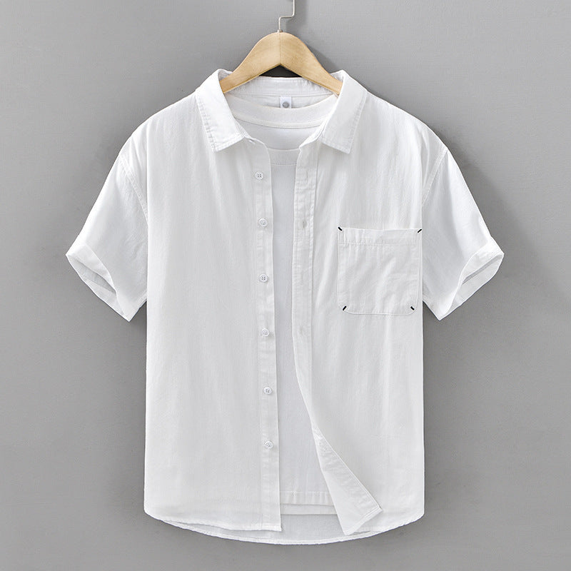 Summer Men's Casual Short-sleeved Cotton Shirt White - D&A