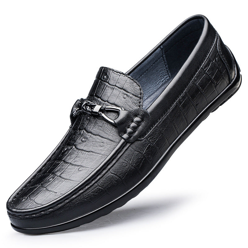 Round Toe Embossed Casual Leather Shoes Flat Heel Black - D&A