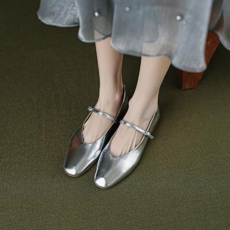 Women's Round Toe Shallow Mouth Flat Bottom Mary Jane Shoes Silver - D&A