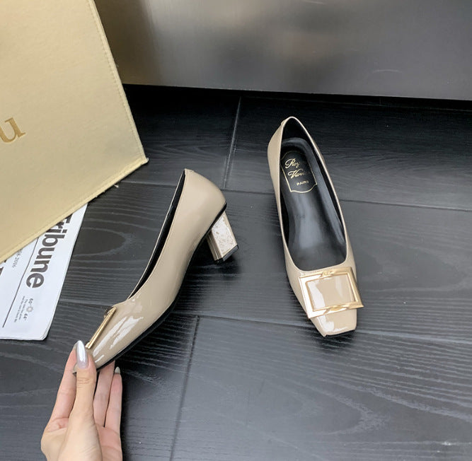 Square Buckle Flats Patent Leather Square Toe Low-cut Shoes Bare Gray 4cm - D&A