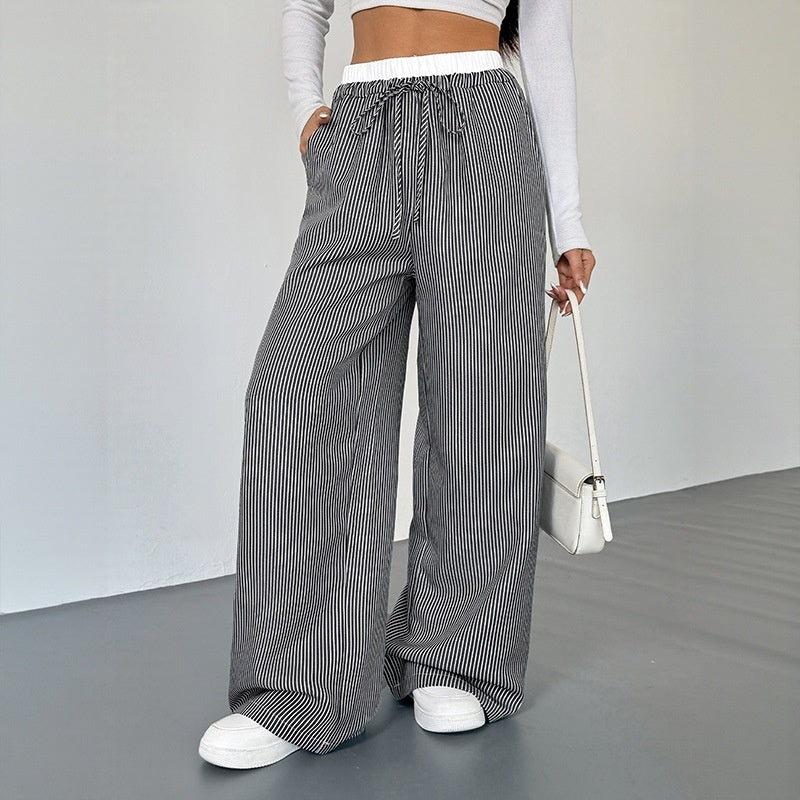 Women's Stitching Striped Casual Trousers Black - D&A